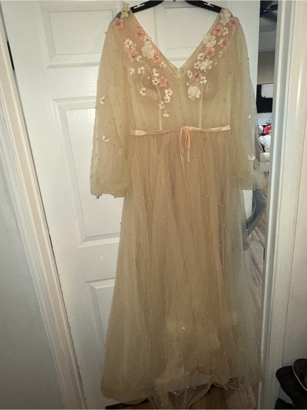 Floral Appliqué Tulle Dress - Cream with Pink Accents